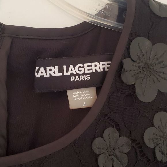 Karl Lagerfeld Paris Black Floral Applique Leather Lace Shift Dress Size 4 - Picture 4 of 5